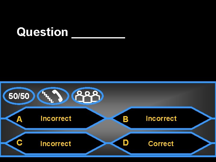 Question ____ 50/50 A Incorrect B Incorrect C Incorrect D Correct 