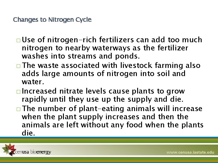 Changes to Nitrogen Cycle � Use of nitrogen-rich fertilizers can add too much nitrogen