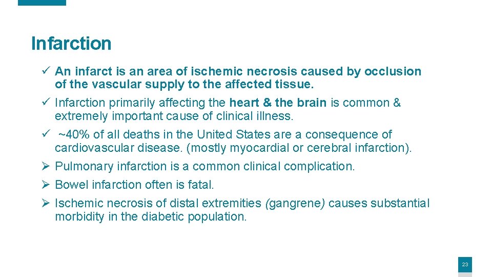Infarction ü An infarct is an area of ischemic necrosis caused by occlusion of