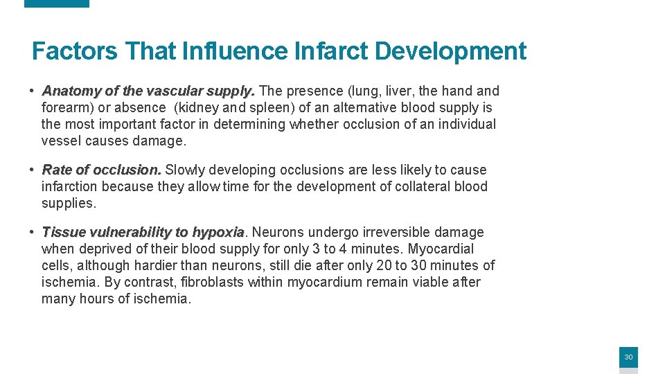 Factors That Influence Infarct Development • Anatomy of the vascular supply. The presence (lung,