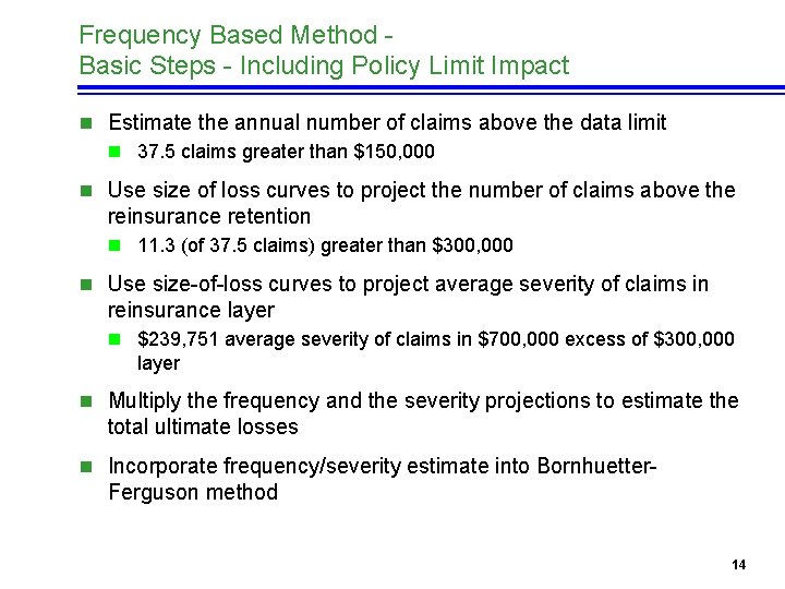 Frequency Based Method Basic Steps - Including Policy Limit Impact n Estimate the annual