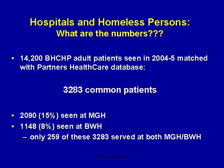 Hospitals and Homeless Persons: What are the numbers? ? ? • 14, 200 BHCHP