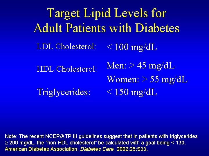 Target Lipid Levels for Adult Patients with Diabetes LDL Cholesterol: < 100 mg/d. L