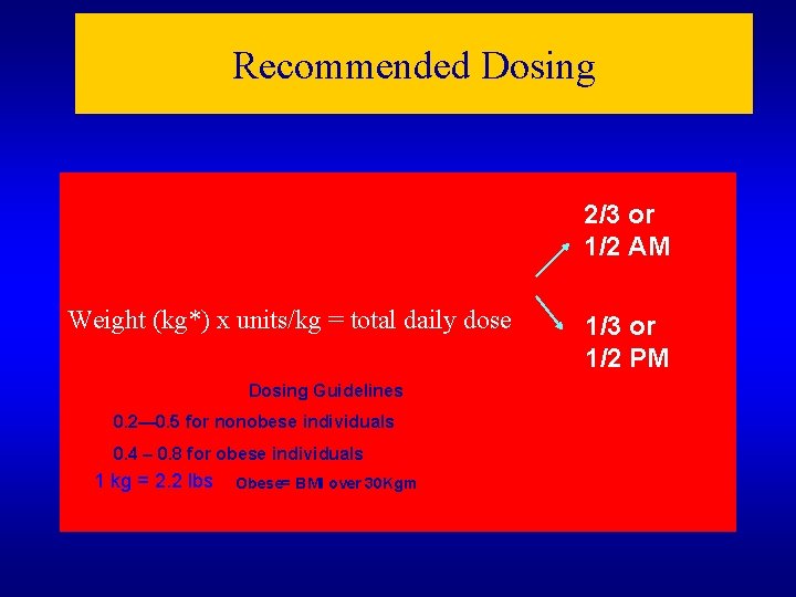 Recommended Dosing 2/3 or 1/2 AM Weight (kg*) x units/kg = total daily dose