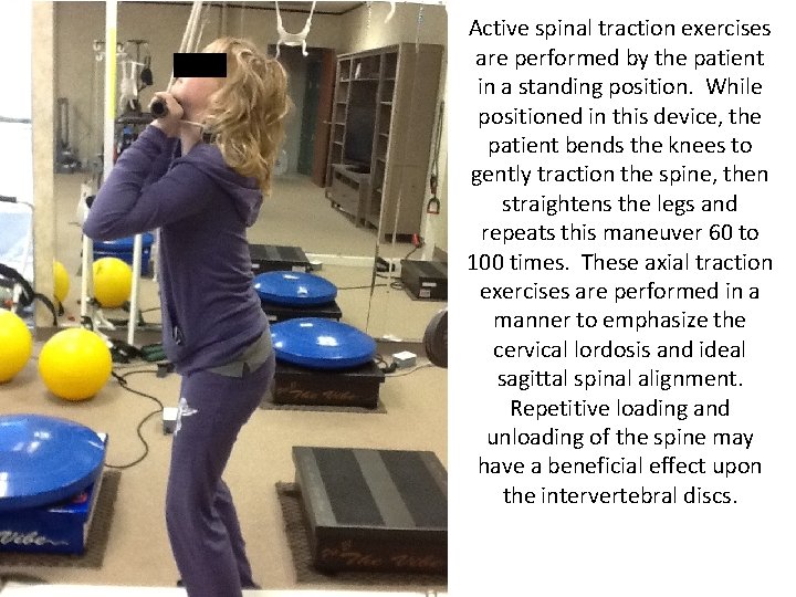 Active spinal traction exercises are performed by the patient in a standing position. While