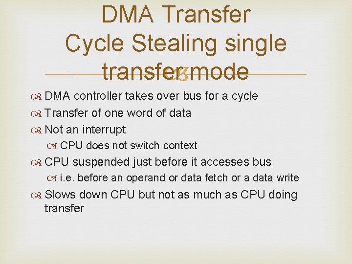 DMA Transfer Cycle Stealing single transfer mode DMA controller takes over bus for a