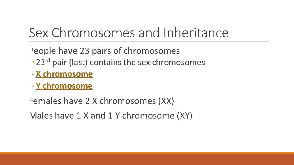 Sex Chromosomes and Inheritance People have 23 pairs of chromosomes ◦ 23 rd pair