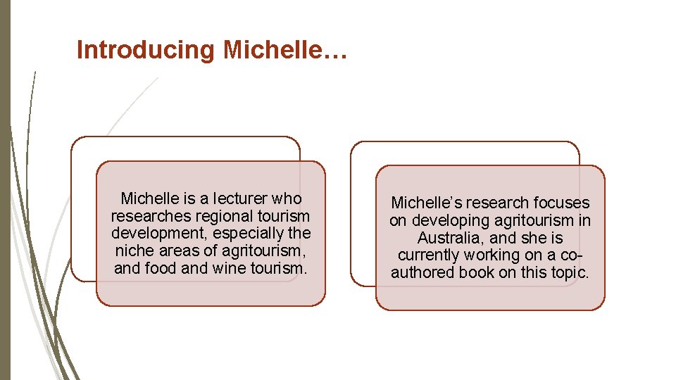 Introducing Michelle… Michelle is a lecturer who researches regional tourism development, especially the niche