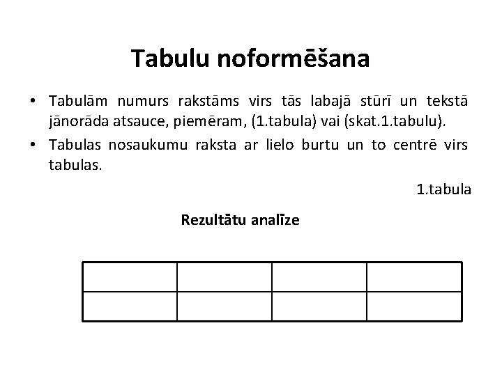 Tabulu noformēšana • Tabulām numurs rakstāms virs tās labajā stūrī un tekstā jānorāda atsauce,