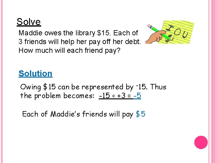 Solve Maddie owes the library $15. Each of 3 friends will help her pay Solve Maddie owes the library $15. Each of 3 friends will help her pay