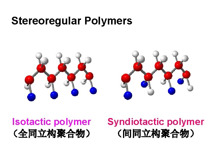 Stereoregular Polymers Isotactic polymer （全同立构聚合物） Syndiotactic polymer （间同立构聚合物） 