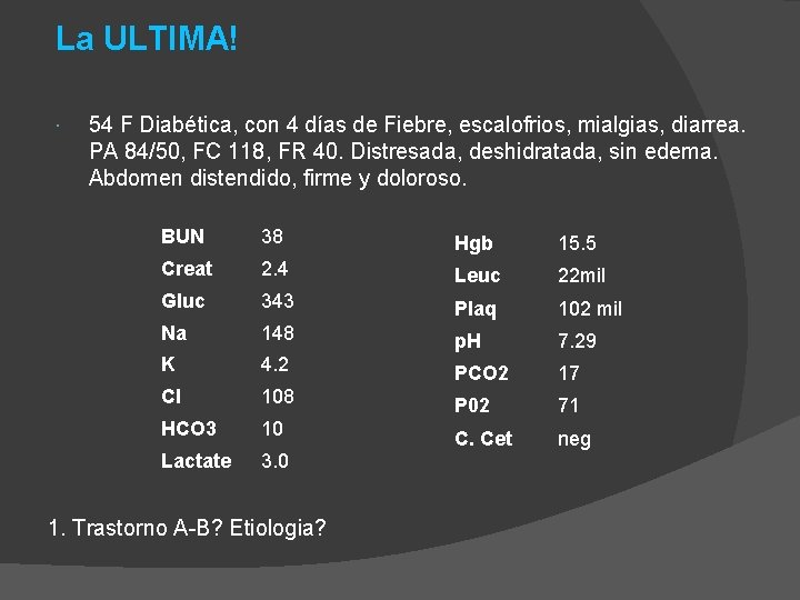 La ULTIMA! 54 F Diabética, con 4 días de Fiebre, escalofrios, mialgias, diarrea. PA
