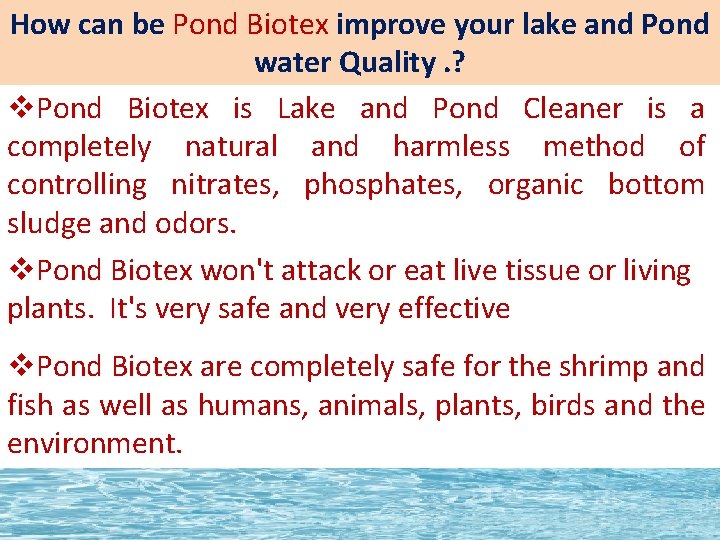 How can be Pond Biotex improve your lake and Pond water Quality. ? v.