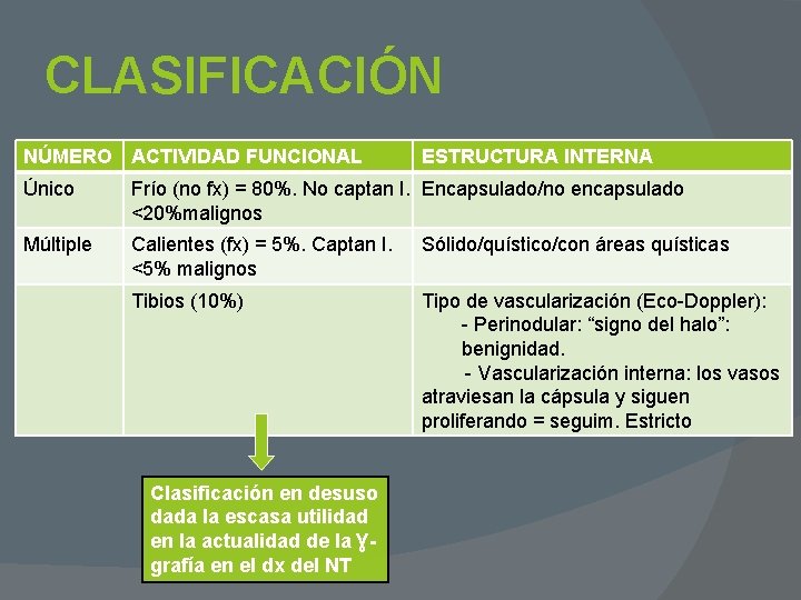 CLASIFICACIÓN NÚMERO ACTIVIDAD FUNCIONAL ESTRUCTURA INTERNA Único Frío (no fx) = 80%. No captan