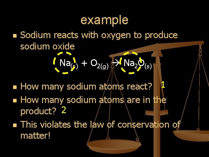 example n Sodium reacts with oxygen to produce sodium oxide Na(s) + O 2(g) example n Sodium reacts with oxygen to produce sodium oxide Na(s) + O 2(g)
