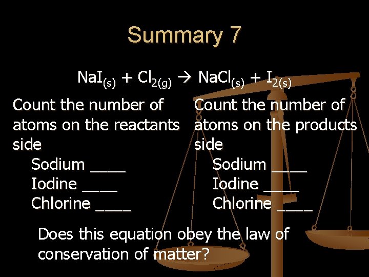 Summary 7 Na. I(s) + Cl 2(g) Na. Cl(s) + I 2(s) Count the