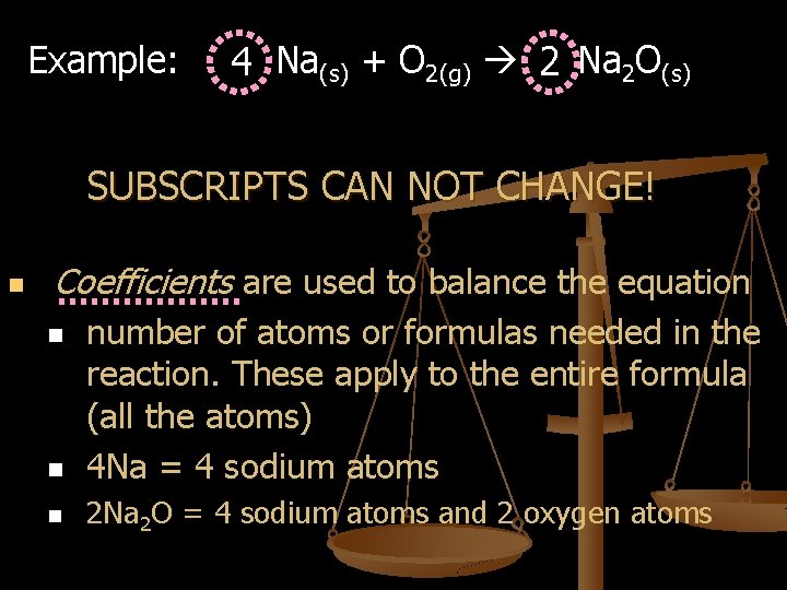 Example: 4 Na(s) + O 2(g) 2 Na 2 O(s) SUBSCRIPTS CAN NOT CHANGE!