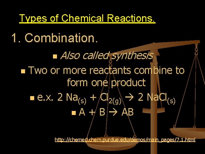 Types of Chemical Reactions. 1. Combination. n n Also called synthesis Two or more