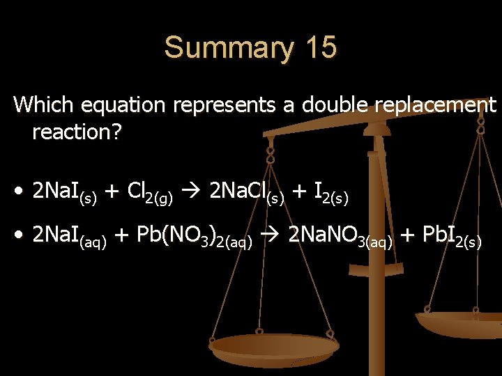 Summary 15 Which equation represents a double replacement reaction? • 2 Na. I(s) + Summary 15 Which equation represents a double replacement reaction? • 2 Na. I(s) +