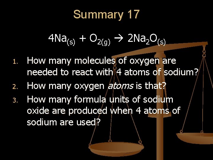 Summary 17 4 Na(s) + O 2(g) 2 Na 2 O(s) 1. 2. 3. Summary 17 4 Na(s) + O 2(g) 2 Na 2 O(s) 1. 2. 3.