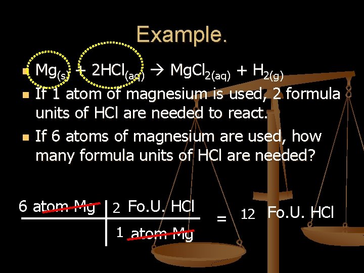 Example. n n n Mg(s) + 2 HCl(aq) Mg. Cl 2(aq) + H 2(g)