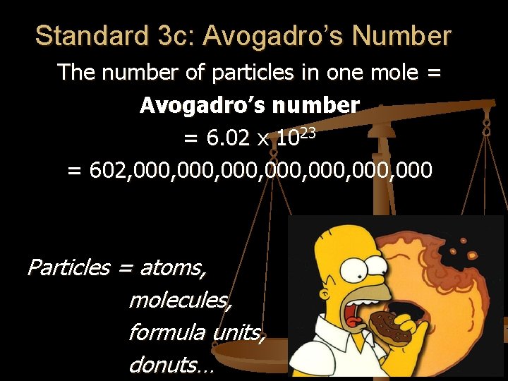 Standard 3 c: Avogadro’s Number The number of particles in one mole = Avogadro’s