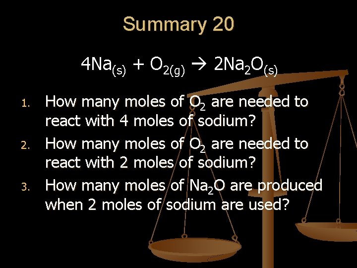 Summary 20 4 Na(s) + O 2(g) 2 Na 2 O(s) 1. 2. 3. Summary 20 4 Na(s) + O 2(g) 2 Na 2 O(s) 1. 2. 3.
