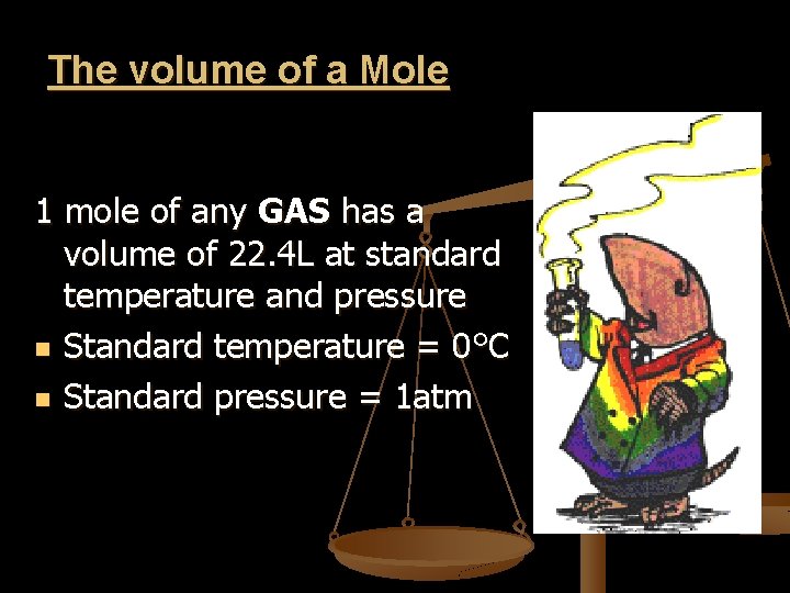 The volume of a Mole 1 mole of any GAS has a volume of