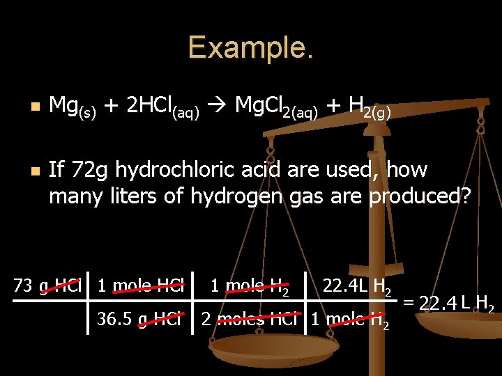 Example. n n Mg(s) + 2 HCl(aq) Mg. Cl 2(aq) + H 2(g) If