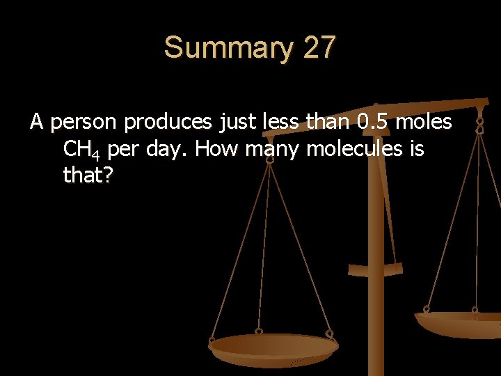 Summary 27 A person produces just less than 0. 5 moles CH 4 per