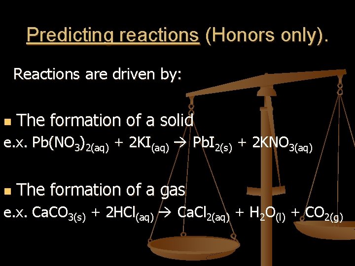 Predicting reactions (Honors only). Reactions are driven by: n The formation of a solid