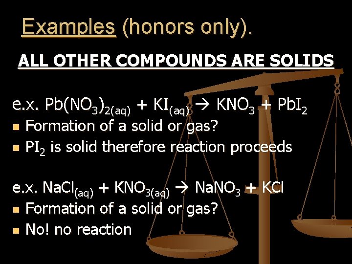 Examples (honors only). ALL OTHER COMPOUNDS ARE SOLIDS e. x. Pb(NO 3)2(aq) + KI(aq) Examples (honors only). ALL OTHER COMPOUNDS ARE SOLIDS e. x. Pb(NO 3)2(aq) + KI(aq)