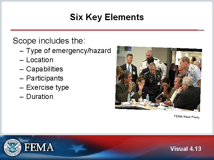 Six Key Elements Scope includes the: ‒ ‒ ‒ Type of emergency/hazard Location Capabilities