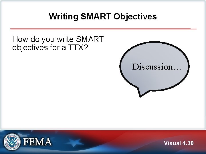 Writing SMART Objectives How do you write SMART objectives for a TTX? Discussion… Visual
