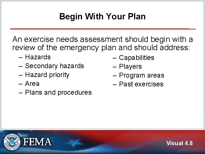 Begin With Your Plan An exercise needs assessment should begin with a review of