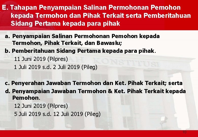 E. Tahapan Penyampaian Salinan Permohonan Pemohon kepada Termohon dan Pihak Terkait serta Pemberitahuan Sidang