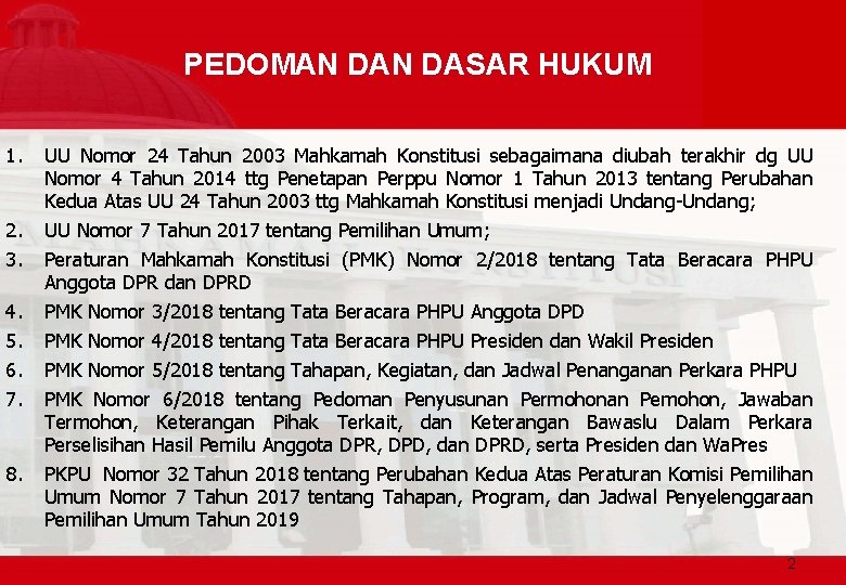 PEDOMAN DASAR HUKUM 1. UU Nomor 24 Tahun 2003 Mahkamah Konstitusi sebagaimana diubah terakhir