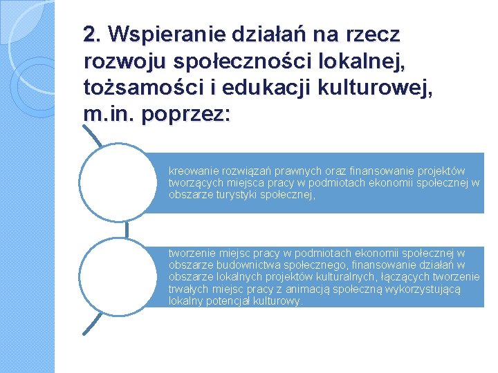 2. Wspieranie działań na rzecz rozwoju społeczności lokalnej, tożsamości i edukacji kulturowej, m. in.