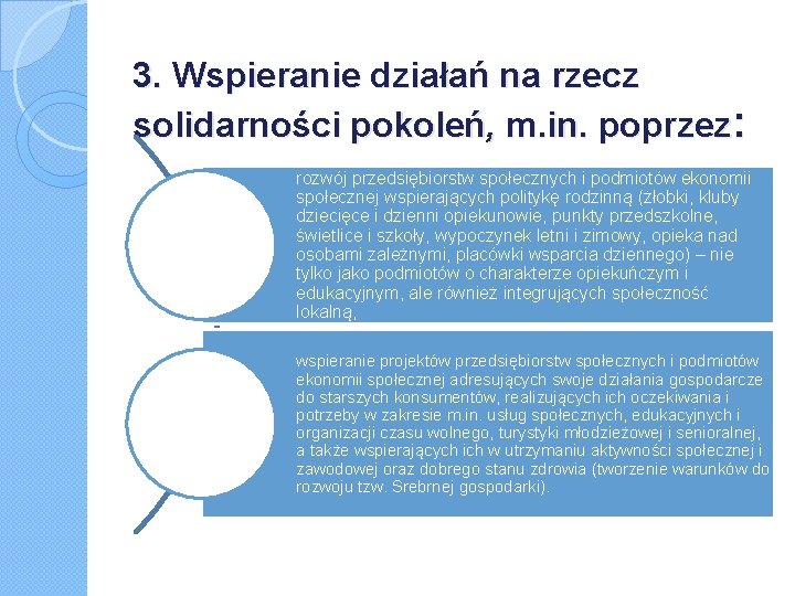 3. Wspieranie działań na rzecz solidarności pokoleń, m. in. poprzez: rozwój przedsiębiorstw społecznych i