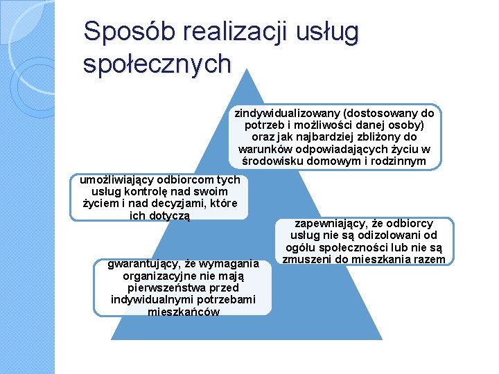 Sposób realizacji usług społecznych zindywidualizowany (dostosowany do potrzeb i możliwości danej osoby) oraz jak