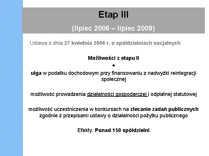Etap III (lipiec 2006 – lipiec 2009) Ustawa z dnia 27 kwietnia 2006 r.
