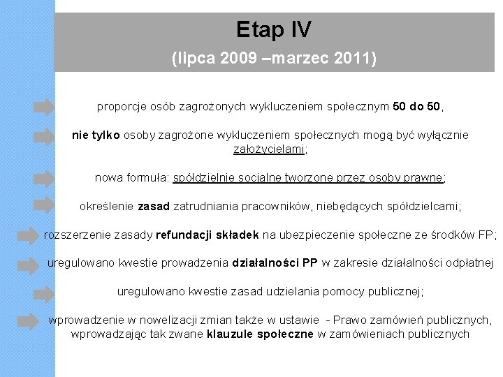 Etap IV (lipca 2009 –marzec 2011) proporcje osób zagrożonych wykluczeniem społecznym 50 do 50,