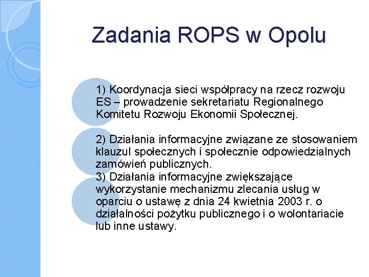 Zadania ROPS w Opolu 1) Koordynacja sieci współpracy na rzecz rozwoju ES – prowadzenie