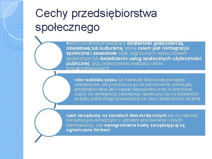 Cechy przedsiębiorstwa społecznego jest to podmiot prowadzący działalność gospodarczą, oświatową lub kulturalną, której celem