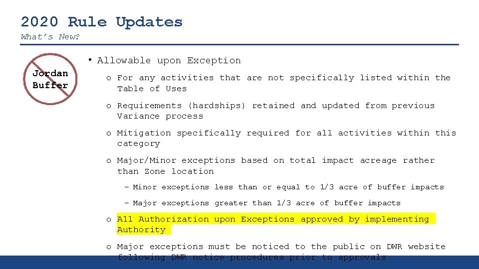 2020 Rule Updates What’s New? • Allowable upon Exception Jordan Buffer o For any