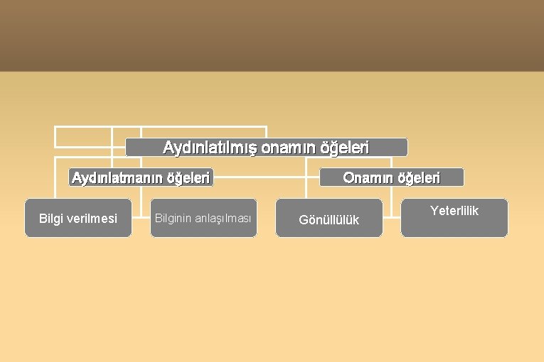 Aydınlatılmış onamın öğeleri Aydınlatmanın öğeleri Bilgi verilmesi Bilginin anlaşılması Onamın öğeleri Gönüllülük Yeterlilik 