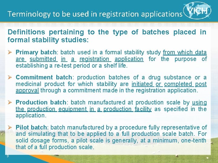 Terminology to be used in registration applications Definitions pertaining to the type of batches