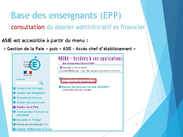 Base des enseignants (EPP) consultation du dossier administratif et financier ASIE est accessible à