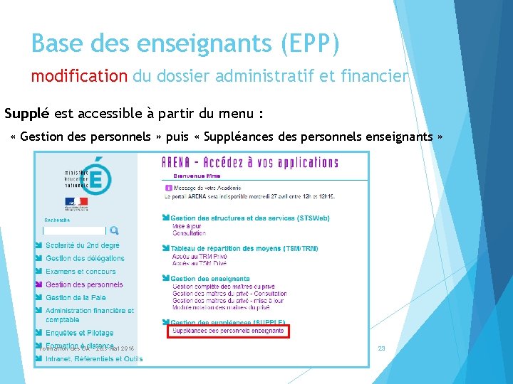 Base des enseignants (EPP) modification du dossier administratif et financier Supplé est accessible à