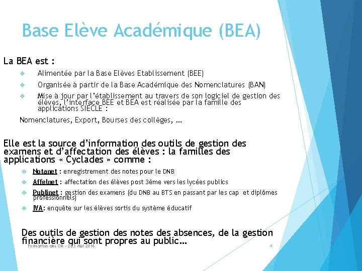 Base Elève Académique (BEA) La BEA est : v Alimentée par la Base Elèves